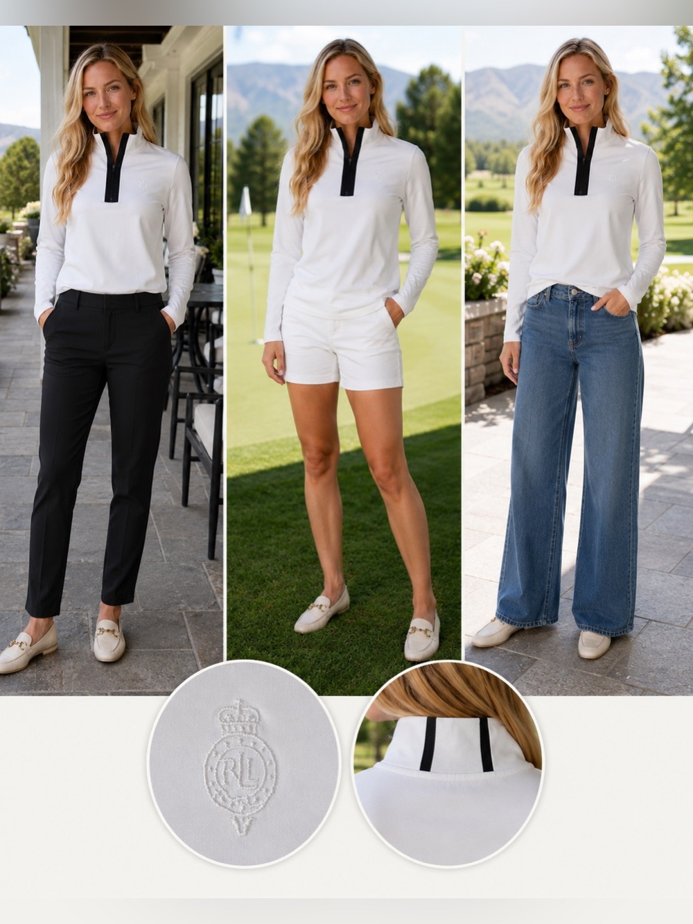 Ralph Lauren White Long-Sleeve Quarter-Zip Polo with Black Trim